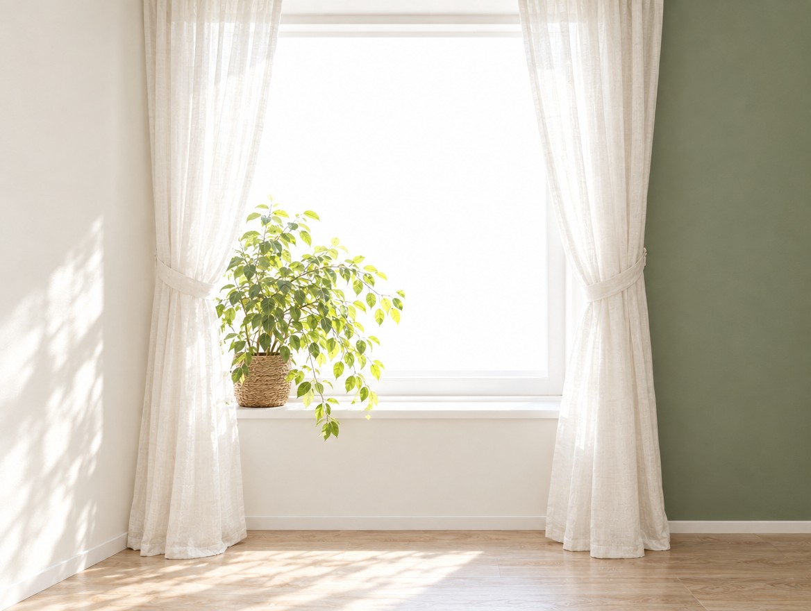 カーテンを開けた朝の窓辺。植物の葉に光があたっている