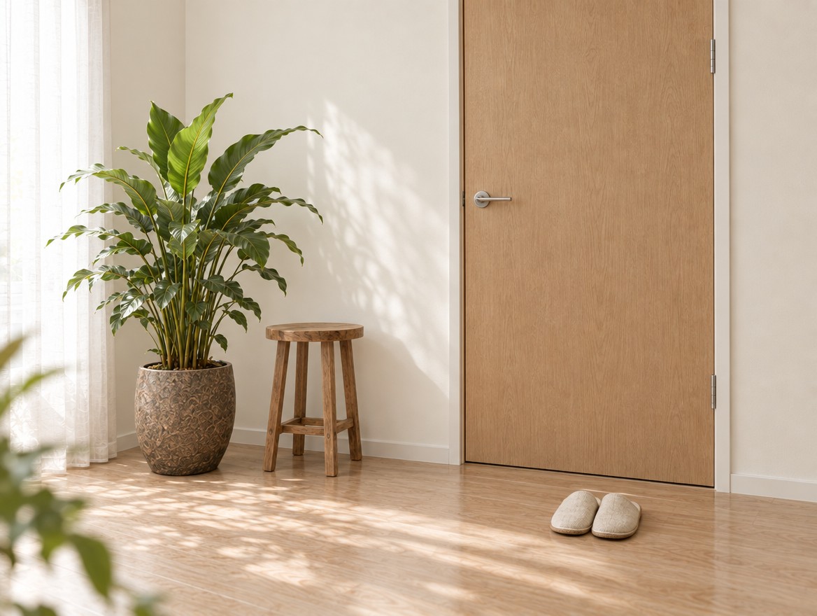 木の玄関ドアと、そろえて置かれたスリッパ、観葉植物
