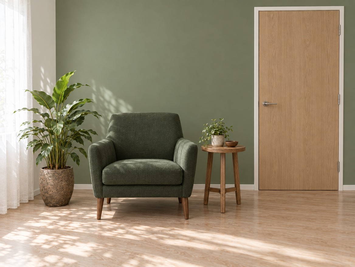 セージ色の壁の前に置かれた深緑の椅子と、木目のドア